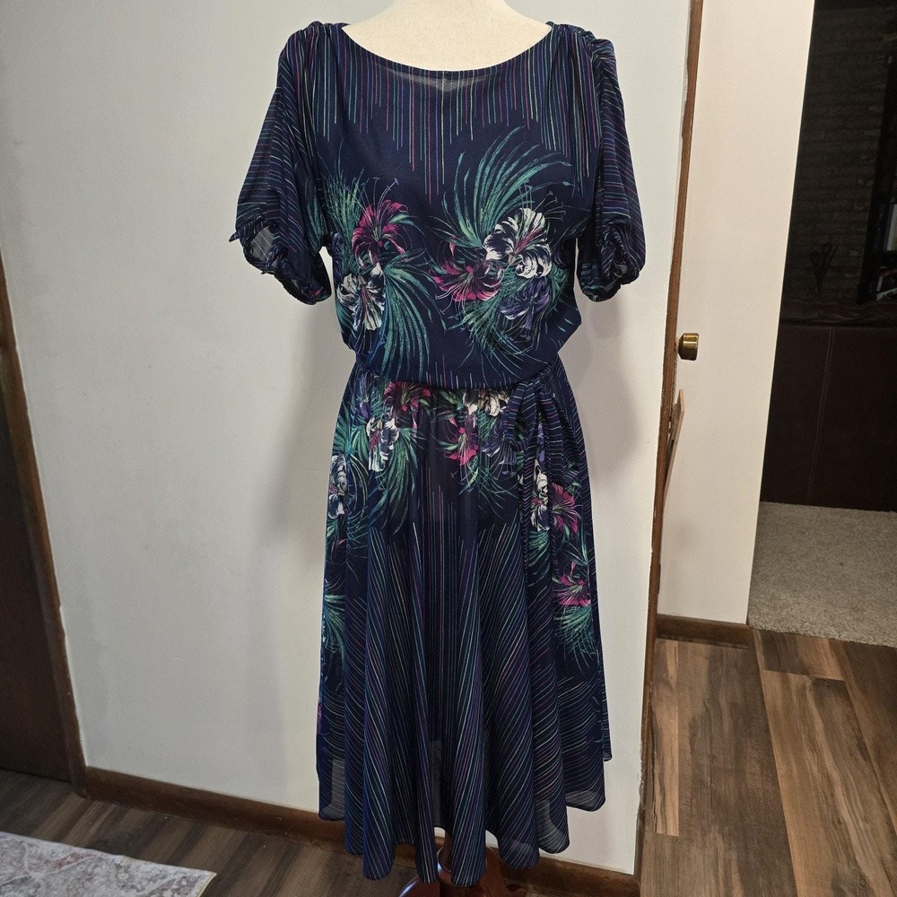 80s Beachy Floral Stripe Navy Blue Pink Low Back Tie Vintage Wrap Dress Belt M*‎